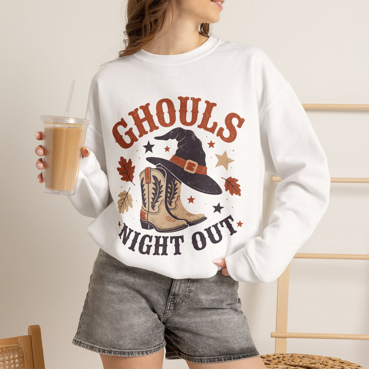 Ghouls Night Out Sweatshirt | Witch Hat & Western Cowboy Boots Halloween Crewneck