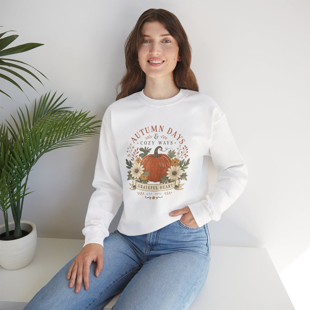 Autumn Days Cozy Ways pumpkin Fall floral crewneck sweatshirt | grateful heart