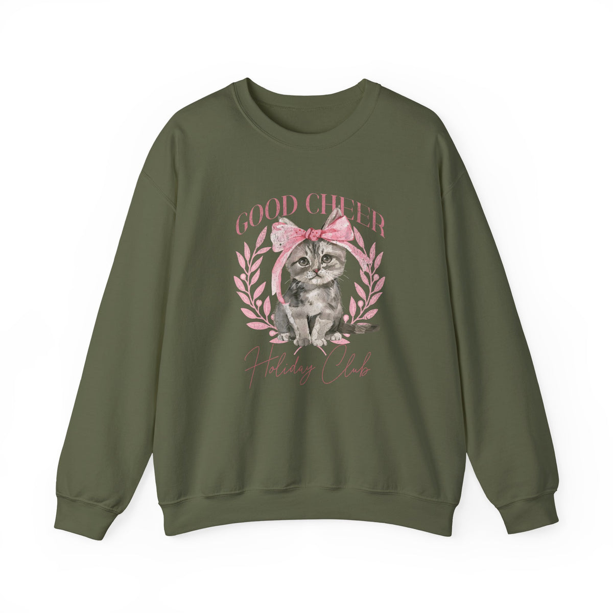 Christmas Kitten Sweatshirt | Cute Cat Illustration, Good Cheer Holiday Club Pink Coquette Style