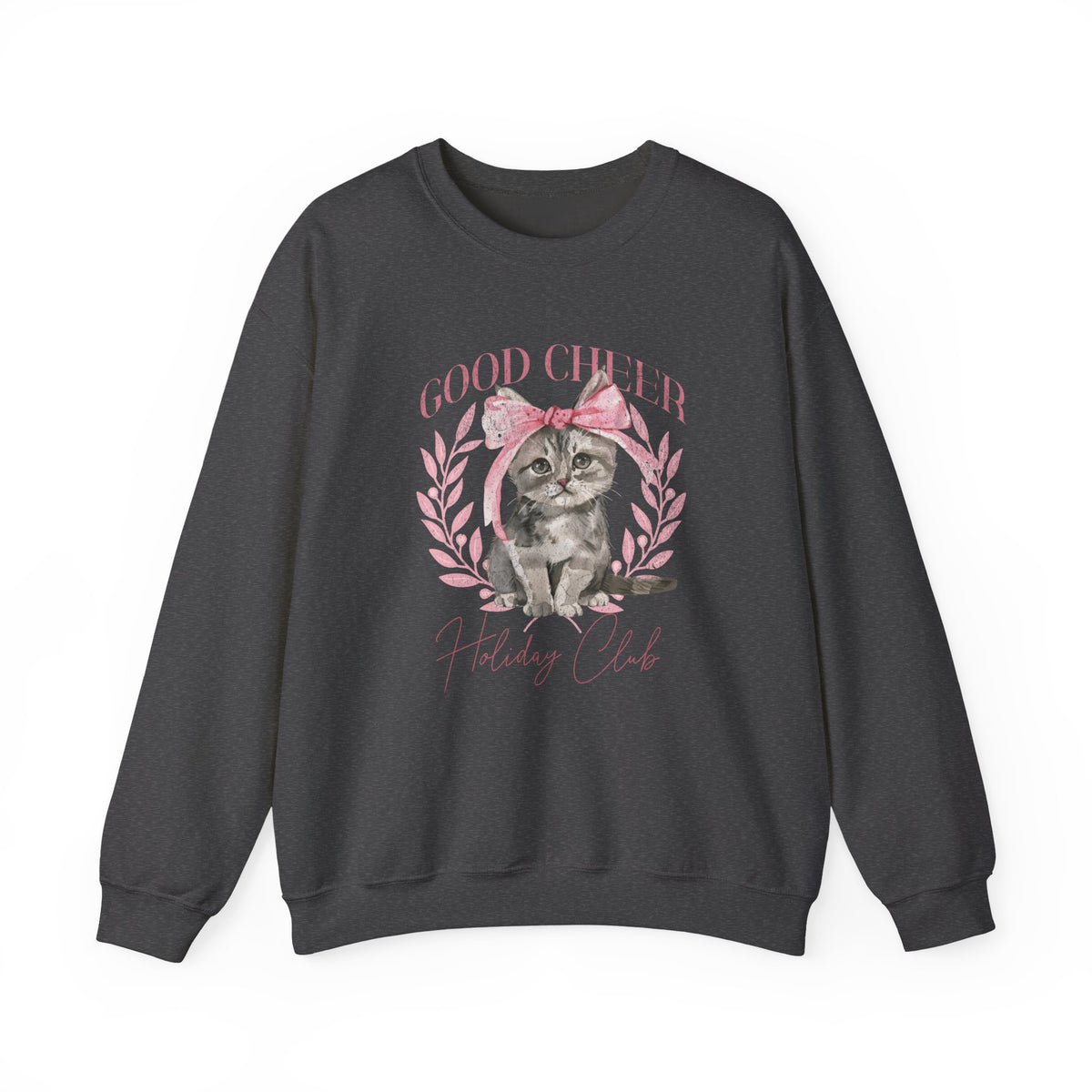 Christmas Kitten Sweatshirt | Cute Cat Illustration, Good Cheer Holiday Club Pink Coquette Style