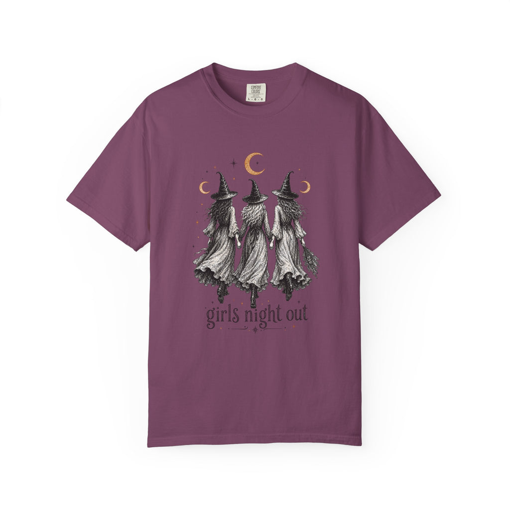 Girls Night Out witches Comfort Colors T-shirt | Halloween witch trio moon design