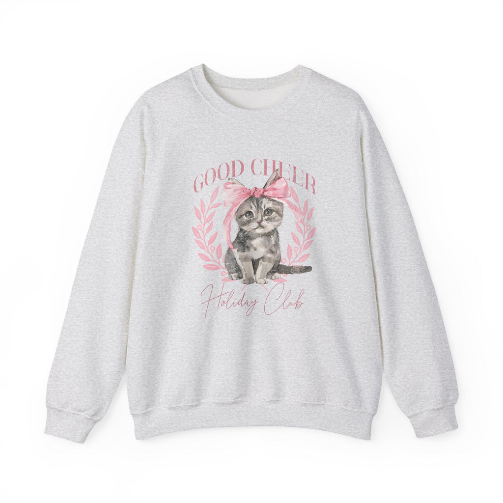 Christmas Kitten Sweatshirt | Cute Cat Illustration, Good Cheer Holiday Club Pink Coquette Style