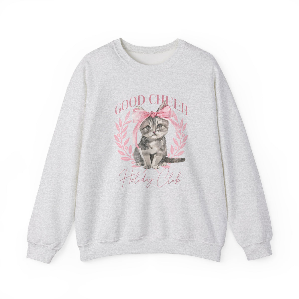 Christmas Kitten Sweatshirt | Cute Cat Illustration, Good Cheer Holiday Club Pink Coquette Style