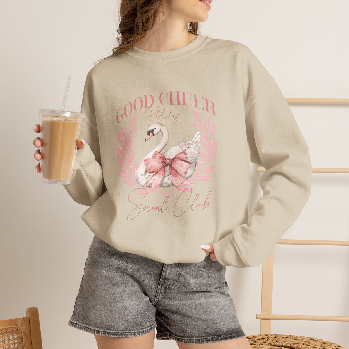 Coquette Christmas Sweatshirt | Good Cheer Social Club Swan and Flamingo Wreath
