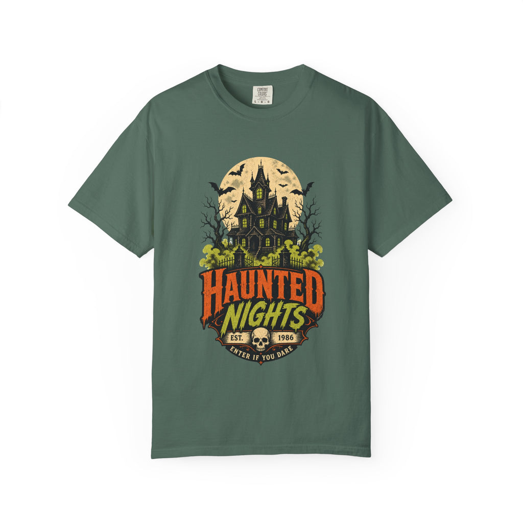 Haunted Nights haunted house T-shirt | Halloween spooky bats moon