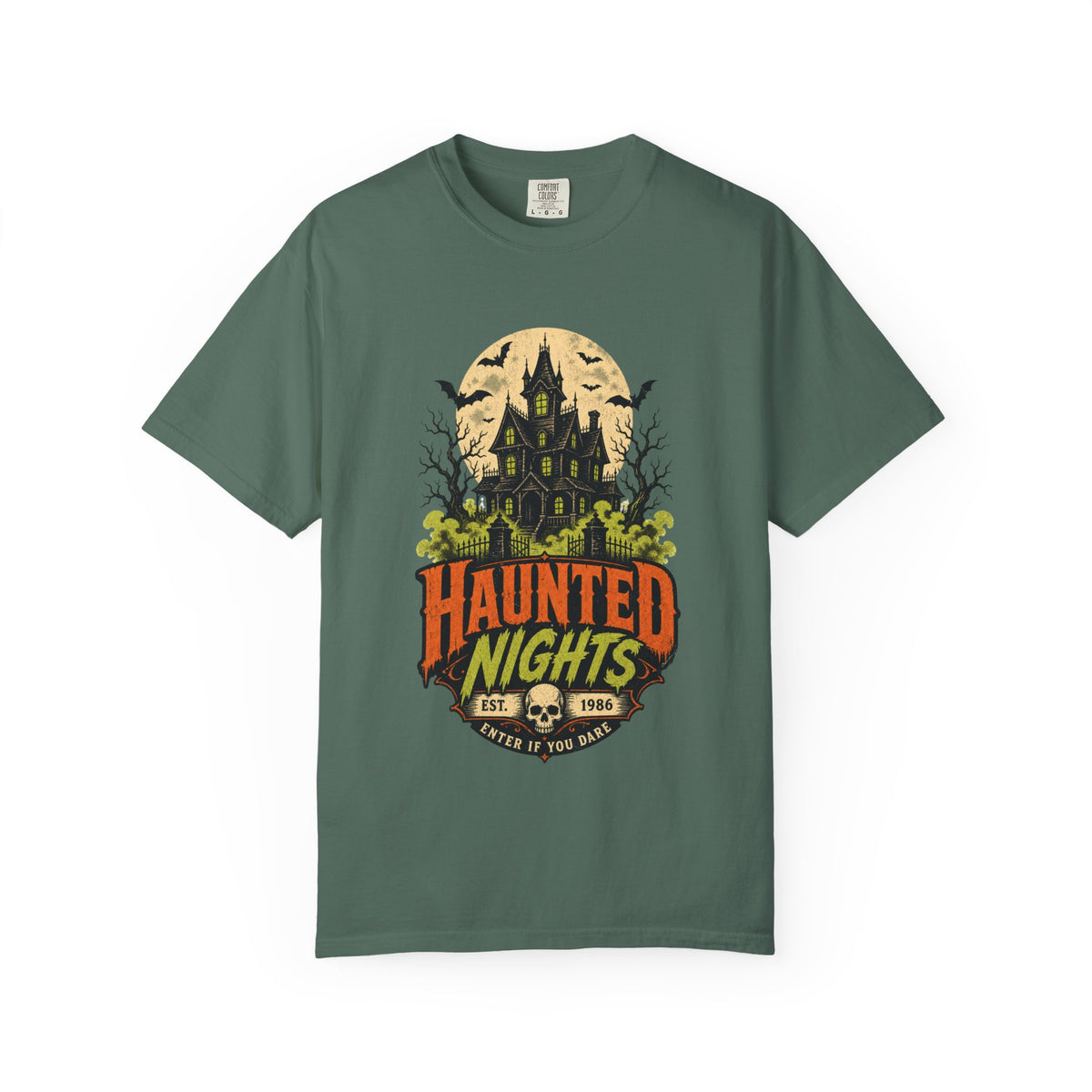 Haunted Nights haunted house T-shirt | Halloween spooky bats moon