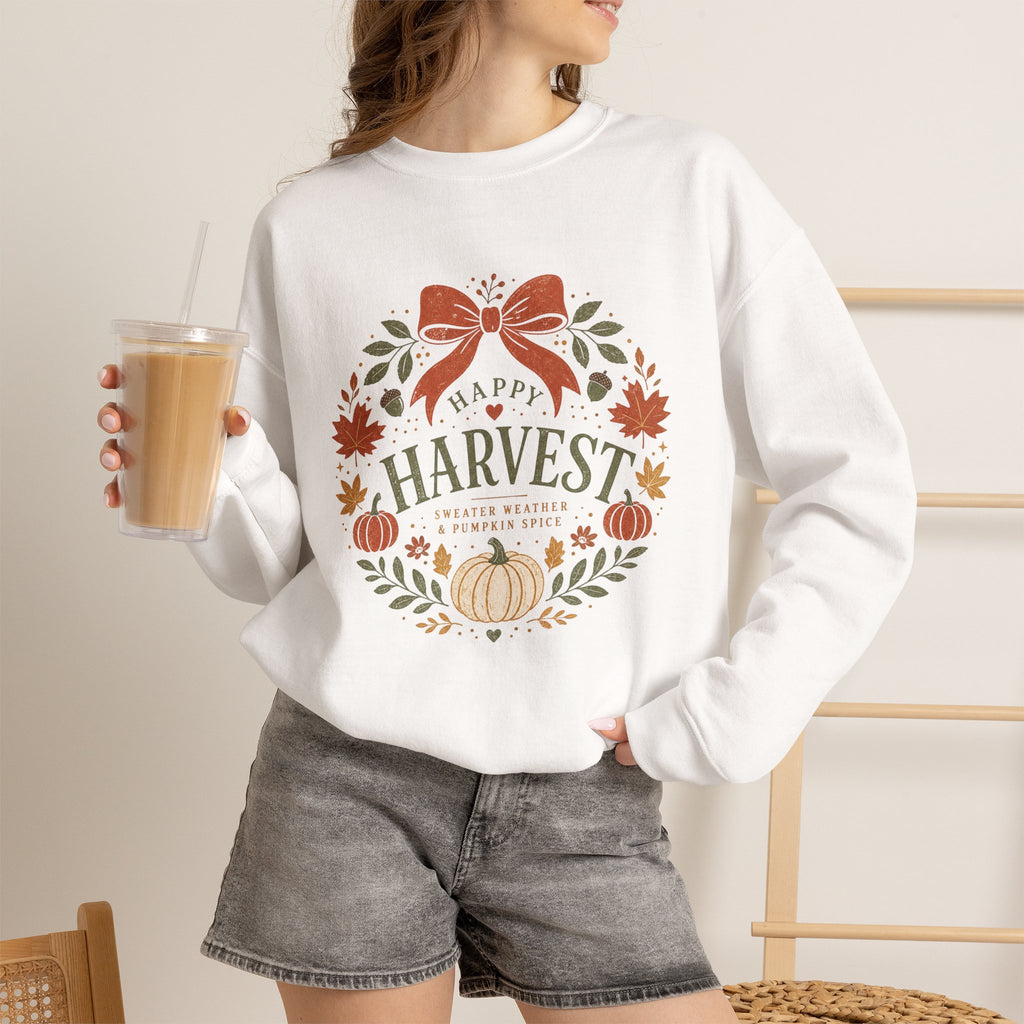 Happy Harvest wreath Crewneck sweatshirt | Fall pumpkin leaves bow
