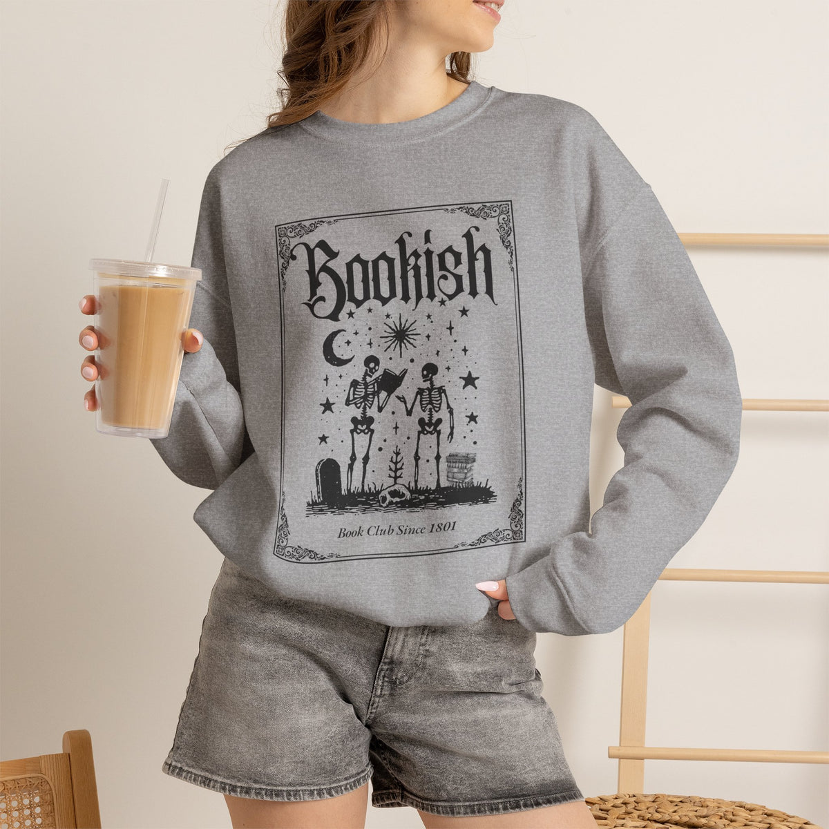 Bookish Halloween Skeletons Illustration Crewneck Sweatshirt | Witchy Reading Graphic