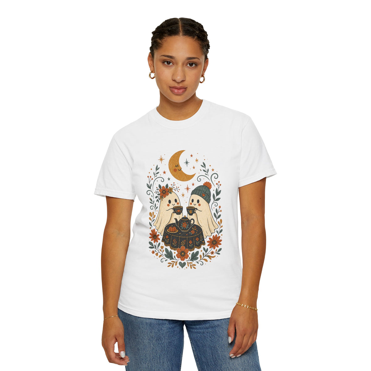 Ghost Couple Fall Halloween Tea Party T-shirt | Cute Ghosts, Moon, Autumn Floral Illustration