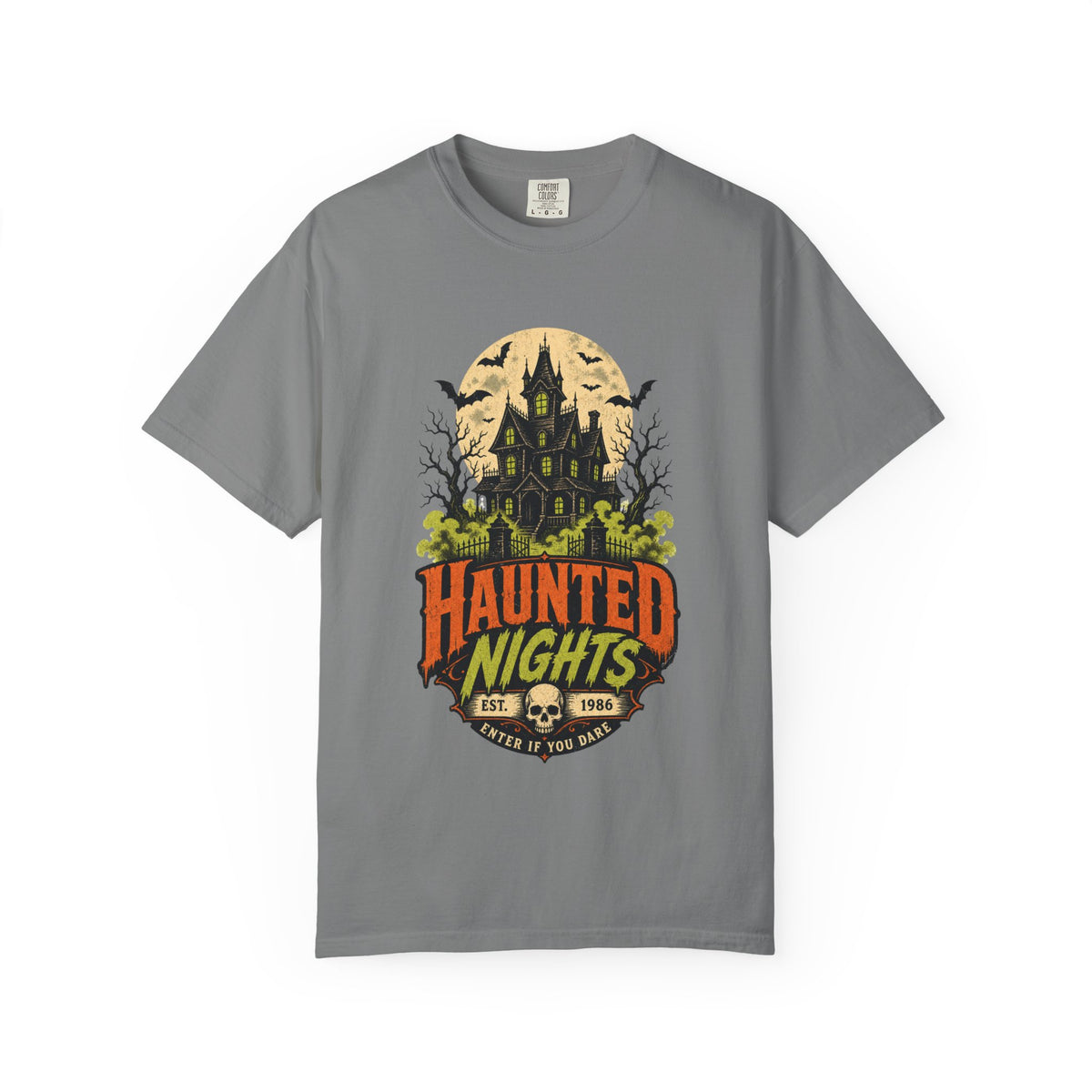 Haunted Nights haunted house T-shirt | Halloween spooky bats moon
