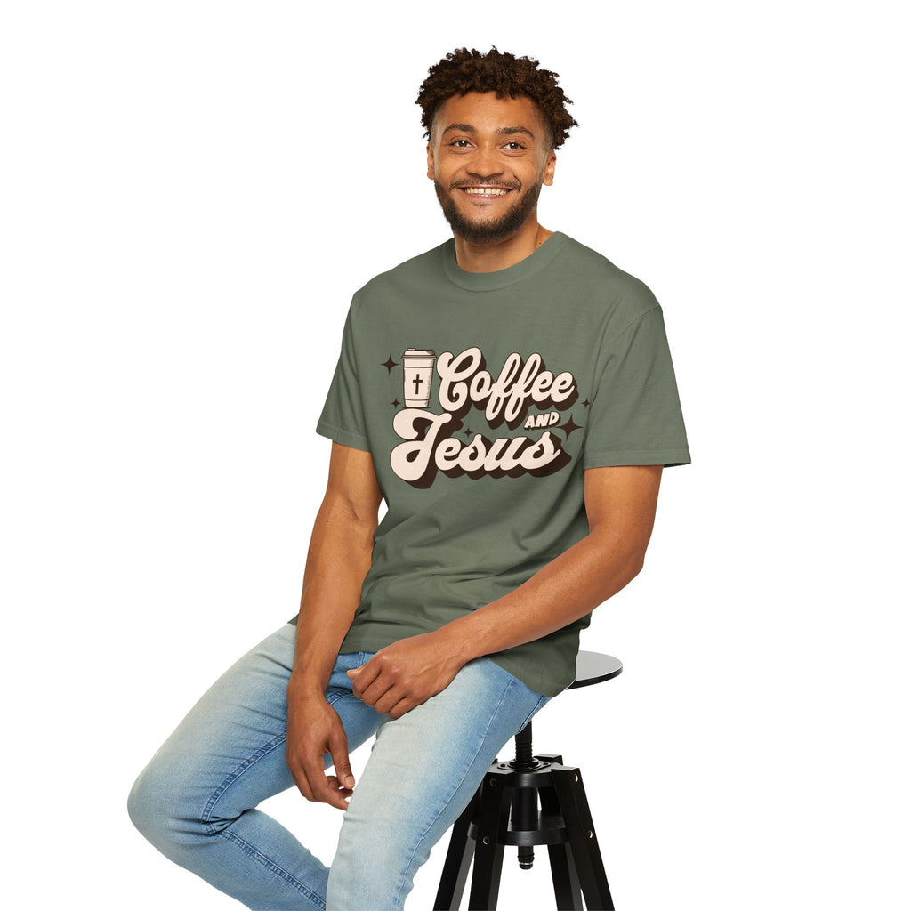 Coffee and Jesus T-shirt | Christian Retro Script Design COMFORT COLORS