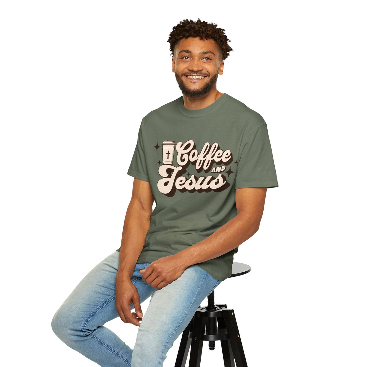 Coffee and Jesus T-shirt | Christian Retro Script Design COMFORT COLORS