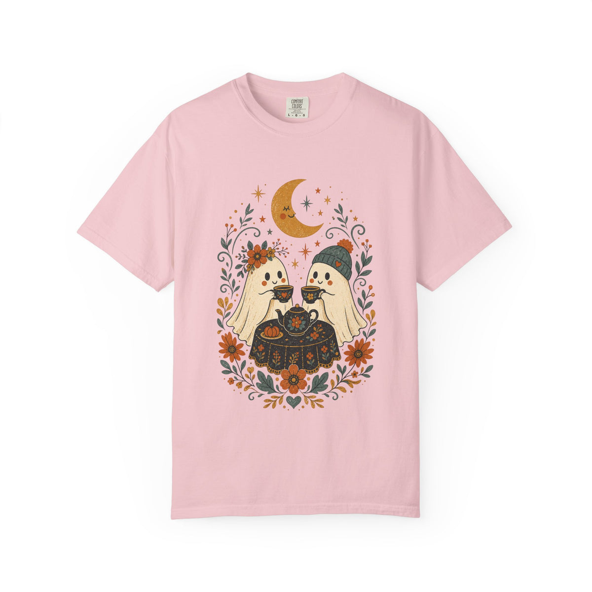 Ghost Couple Fall Halloween Tea Party T-shirt | Cute Ghosts, Moon, Autumn Floral Illustration