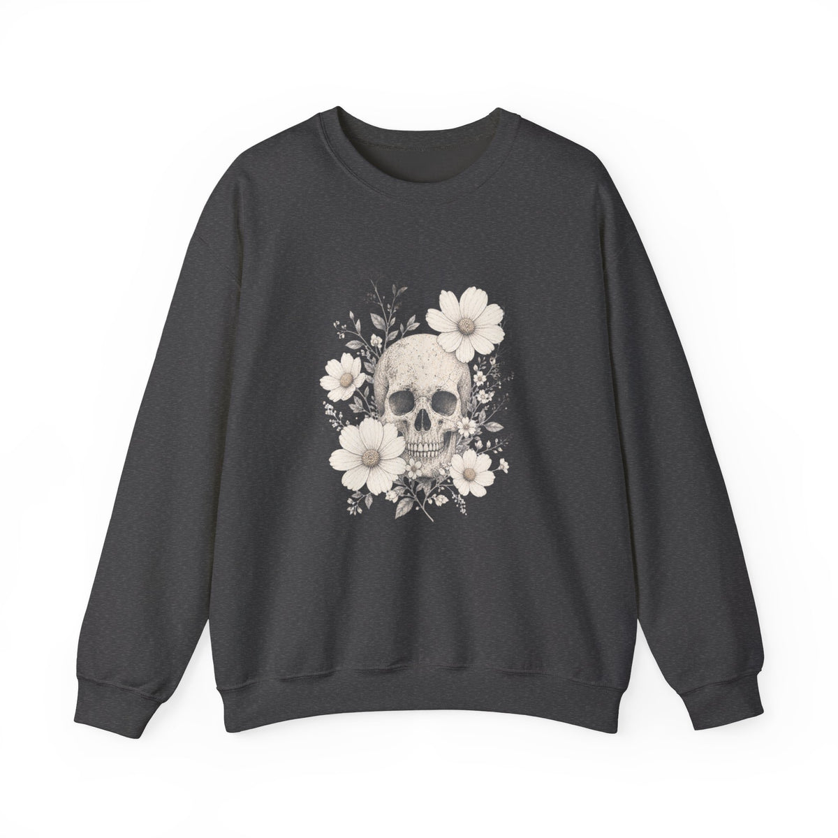 Moody Edgy Floral Skull Crewneck Sweatshirt | Botanical Skull Design Gothic Halloween Dark Romantic