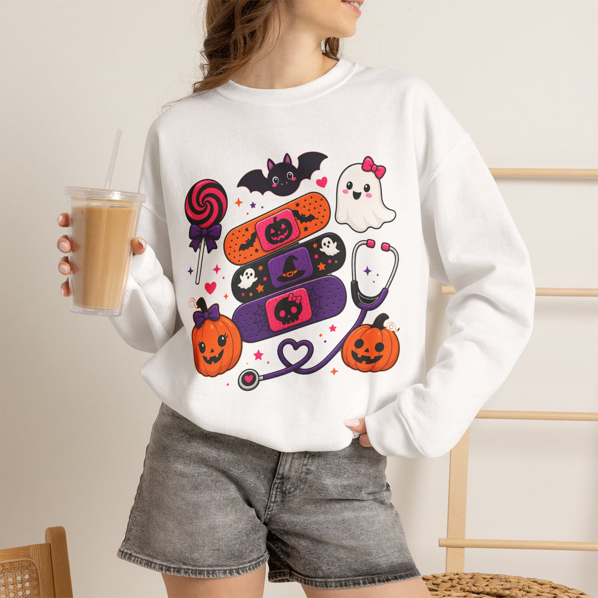 Nurse Halloween Sweatshirt Pediatrics Candy Bandaids Stethoscope Pumpkin Ghosts Bat | Medical Cute
