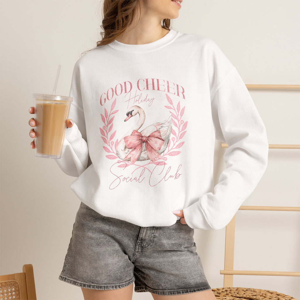 Coquette Christmas Sweatshirt | Good Cheer Social Club Swan and Flamingo Wreath