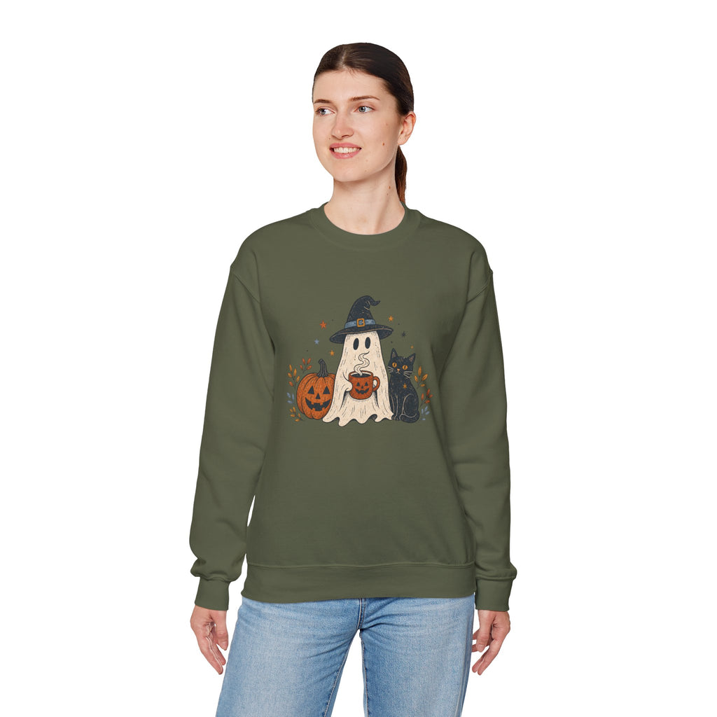 Cute Ghost with Witch Hat Sweatshirt | Halloween Pumpkin Black Cat Crewneck