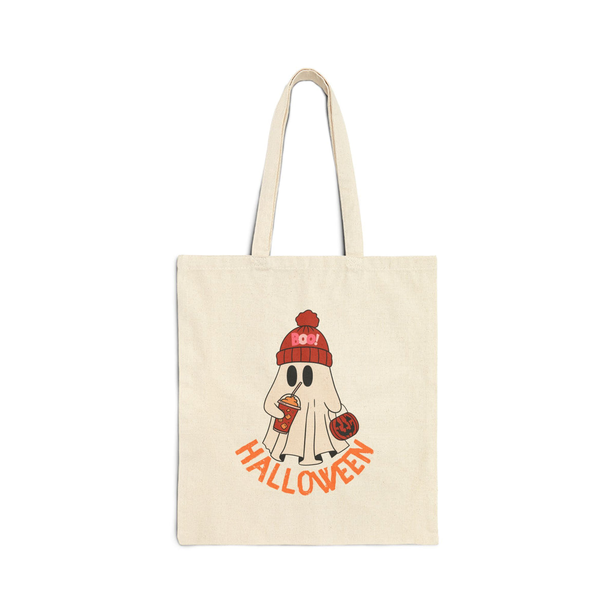 Cute Ghost with Beanie Halloween Tote Bag | Trick-or-Treat Pumpkin