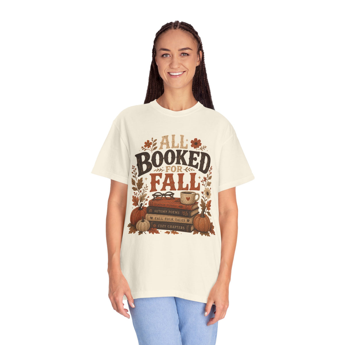All Booked for Fall Comfort Colors T-shirt | Autumn Book Lover Tee, Pumpkin Stack Design