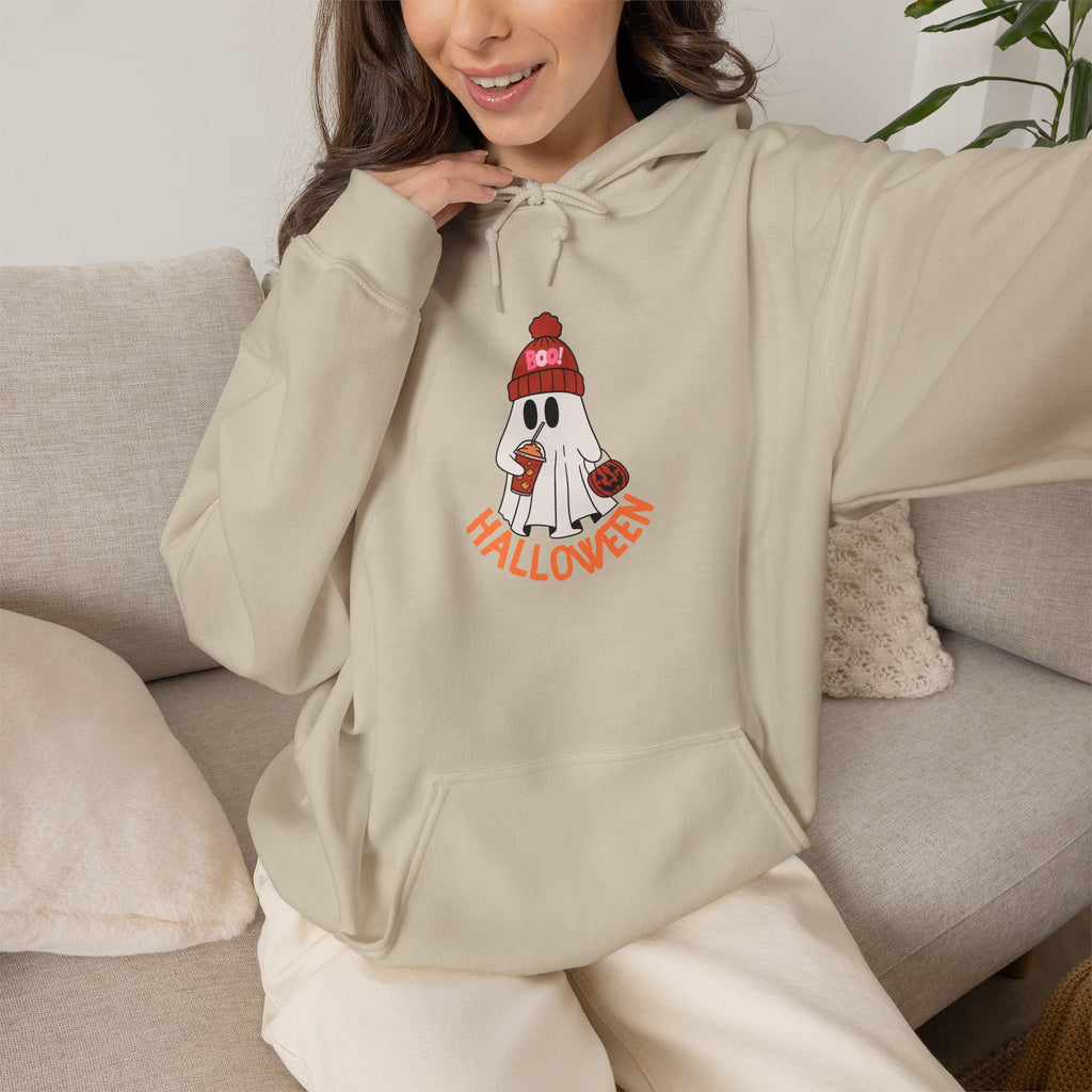 Cute Ghost in Beanie Halloween Hoodie | Retro Boo Cool coffee drinking trick or treat Pumpkin Design