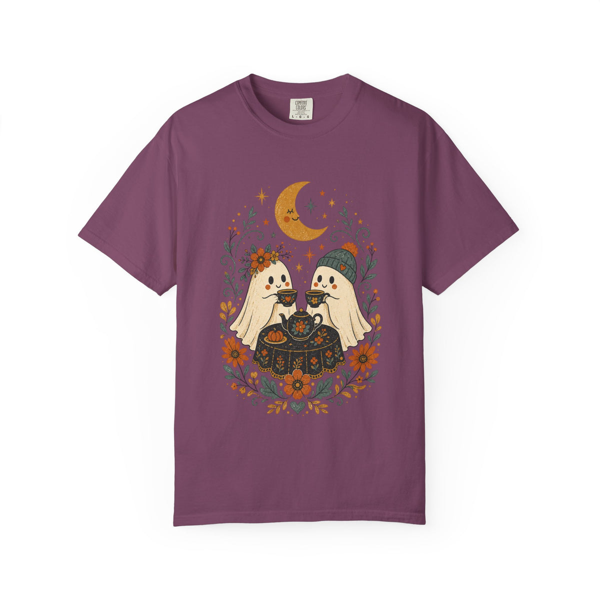 Ghost Couple Fall Halloween Tea Party T-shirt | Cute Ghosts, Moon, Autumn Floral Illustration