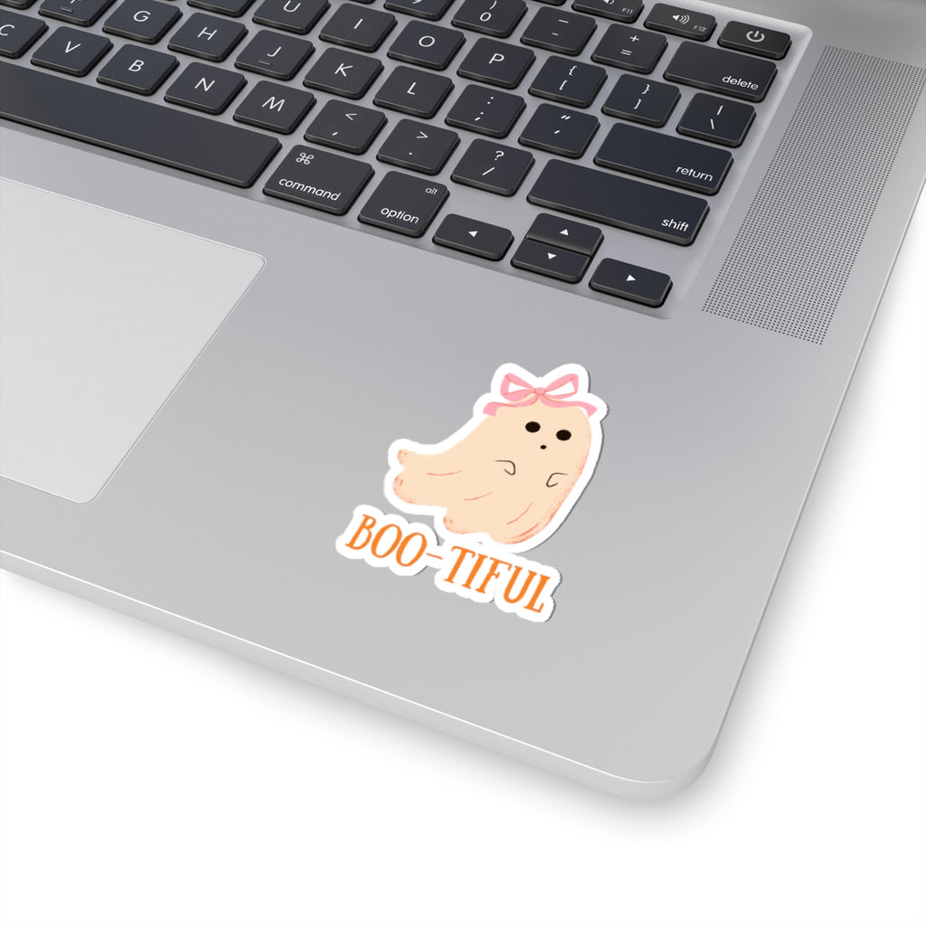 Boo-tiful Ghost Kiss-Cut Sticker | Cute Pink Bow Halloween Sticker