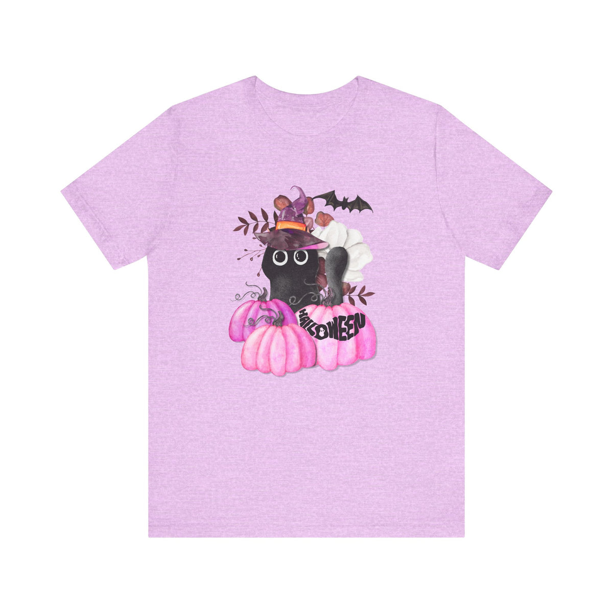 Black Cat Witch with Pink Pumpkins Tee | Halloween Cat Shirt