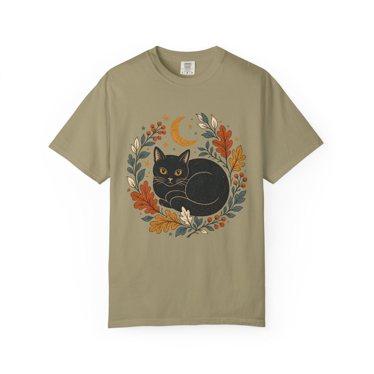 Black Cat Fall Wreath Comfort Colors T-shirt | Crescent Moon, Autumn Leaves