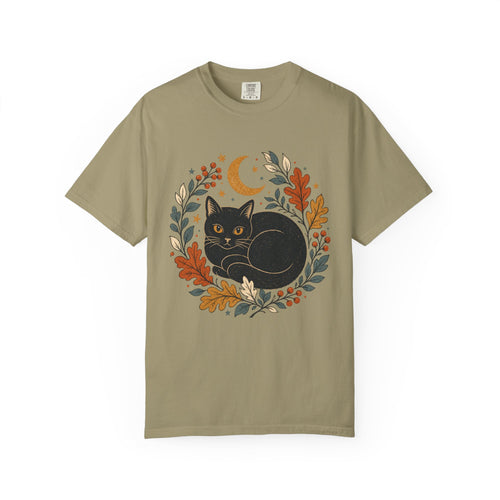 Black Cat Fall Wreath Comfort Colors T-shirt | Crescent Moon, Autumn Leaves