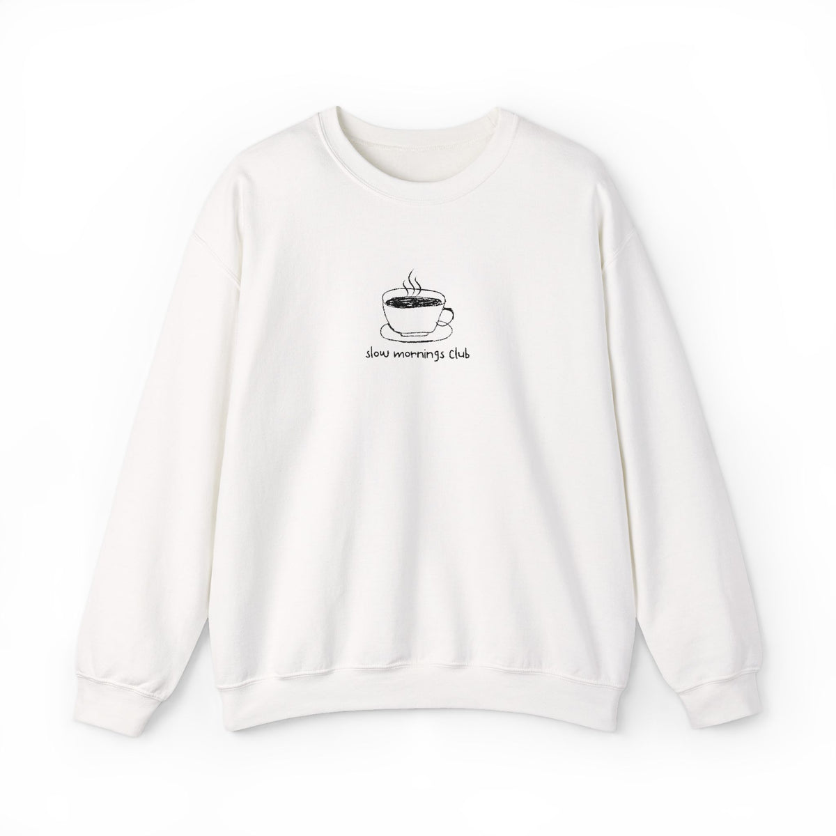 Embroidered Sweatshirt Coffee Mug | Hand-Drawn Coffee Cup Slow Mornings Club Crewneck Minimalist Design