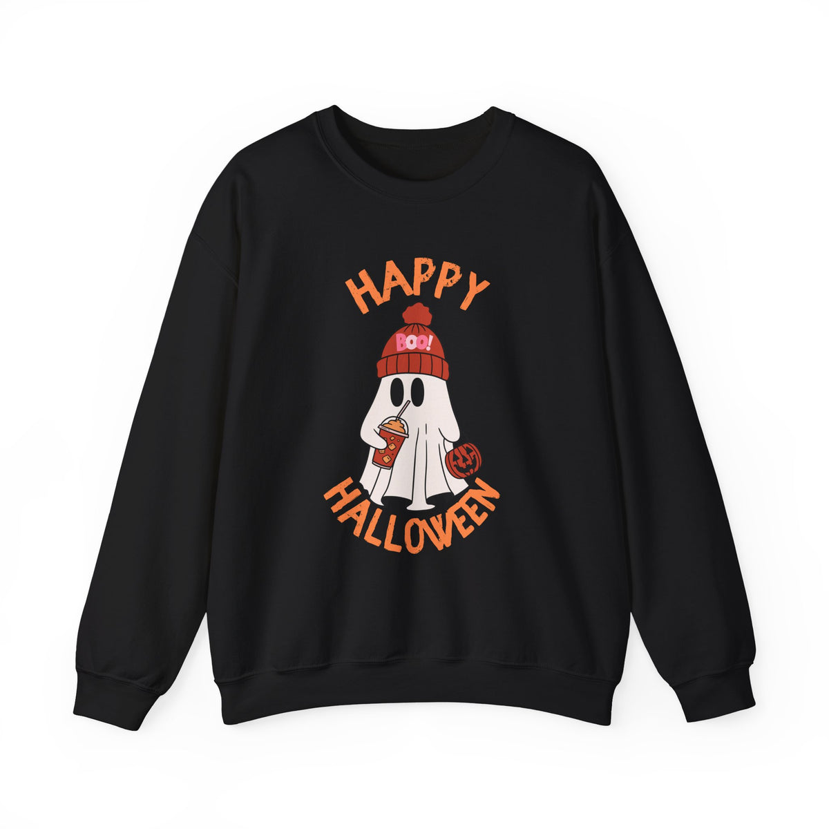 Happy Halloween Ghost Crewneck Sweatshirt | Cute Ghost with Pumpkin and drink