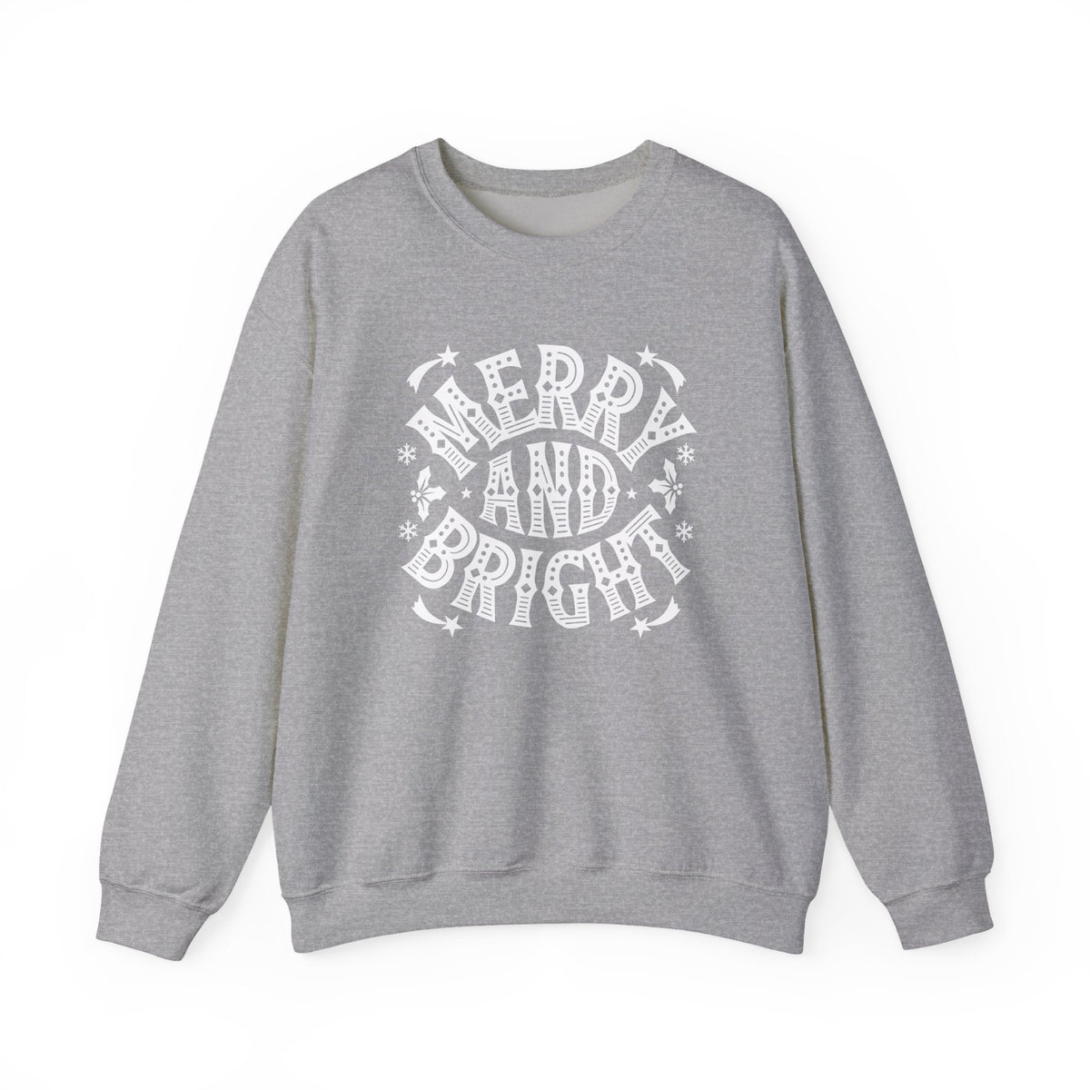 Christmas Sweatshirt Merry and Bright | Vintage Style Typography Holiday Crewneck Snowflakes Stars