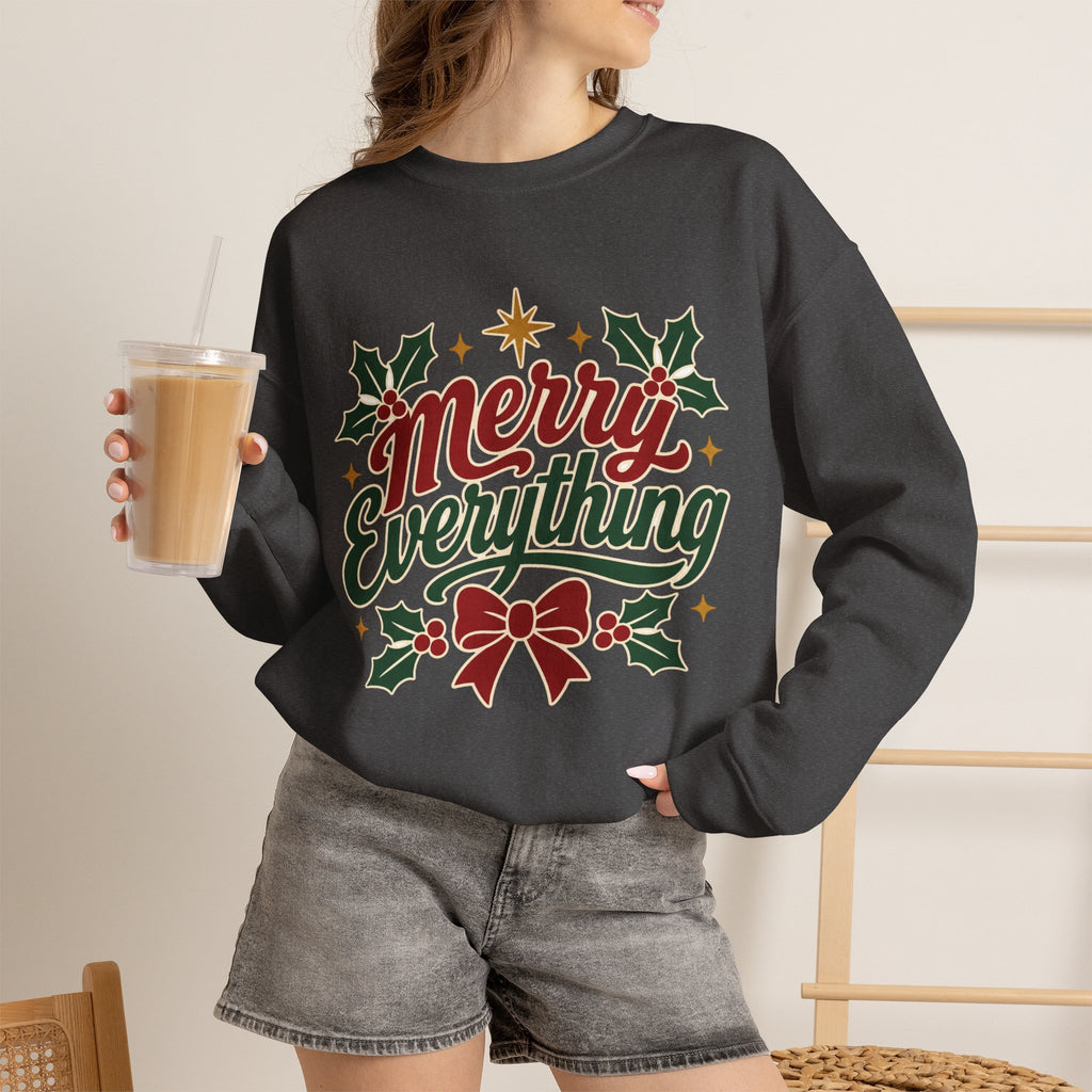Merry Everything Christmas Sweatshirt | Holiday Script Holly Bow Crewneck