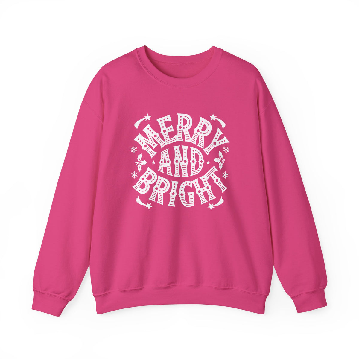 Christmas Sweatshirt Merry and Bright | Vintage Style Typography Holiday Crewneck Snowflakes Stars