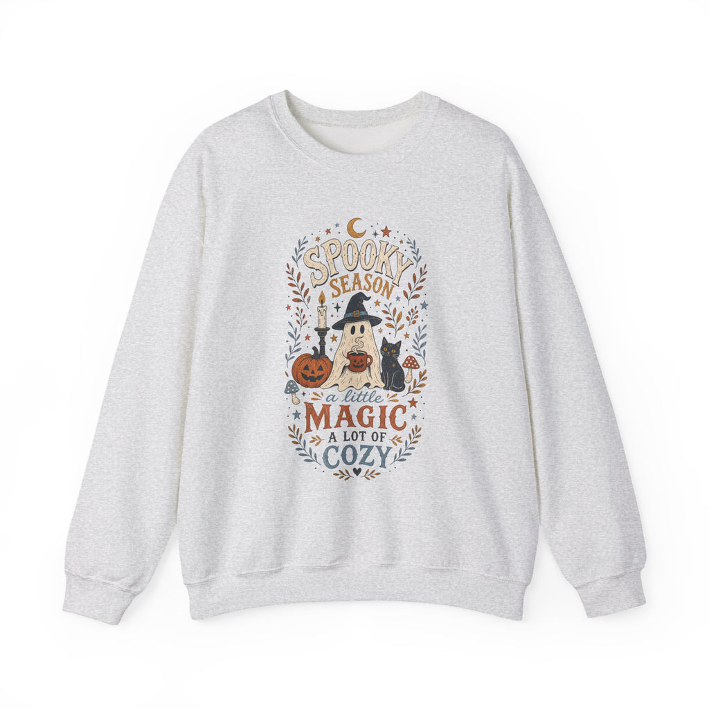 Spook Season Ghost with Witch Hat Cat Pumpkin Sweatshirt | Cozy Halloween Magic Autumn Botanicals