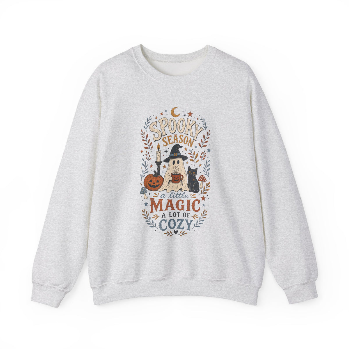 Spook Season Ghost with Witch Hat Cat Pumpkin Sweatshirt | Cozy Halloween Magic Autumn Botanicals