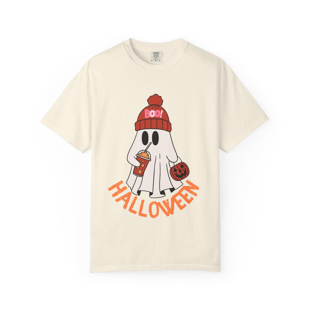 Cute Ghost Wearing BOO Beanie Halloween Comfort Colors T-shirt | Trick or Treat Pumpkin coffee Illustration