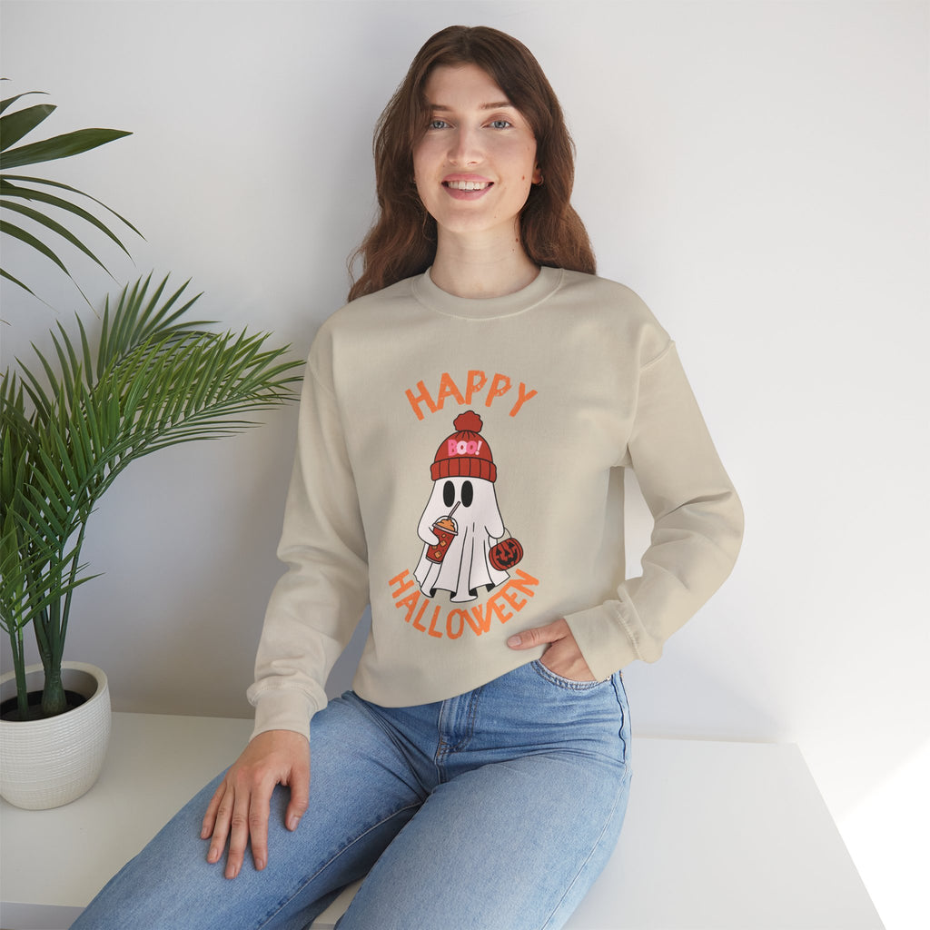 Happy Halloween Ghost Crewneck Sweatshirt | Cute Ghost with Pumpkin and drink