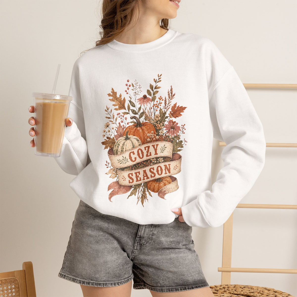 Cozy Season Fall Pumpkin Floral Crewneck Sweatshirt | Autumn Sweater