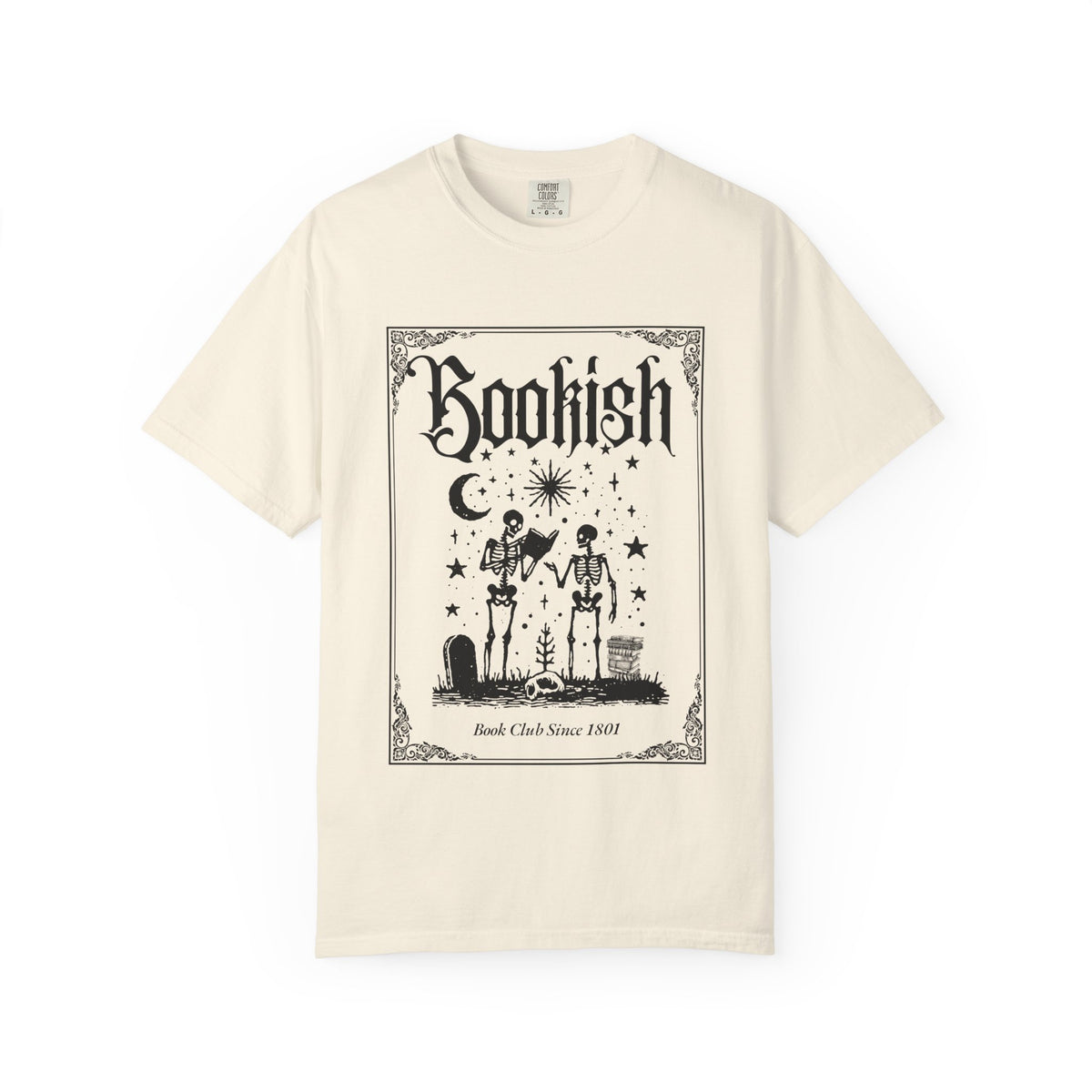 Bookish Skeletons Comfort Colors Tshirt | Gothic book lover tee, occult reading design