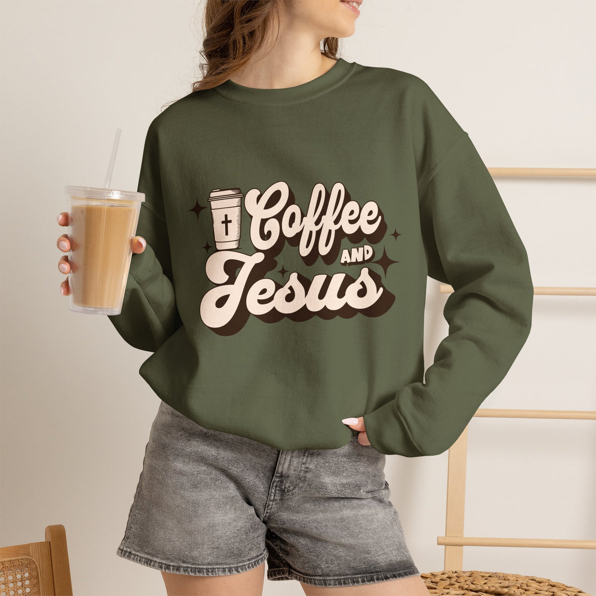 Coffee and Jesus Sweatshirt | Christian Faith Retro Script Design