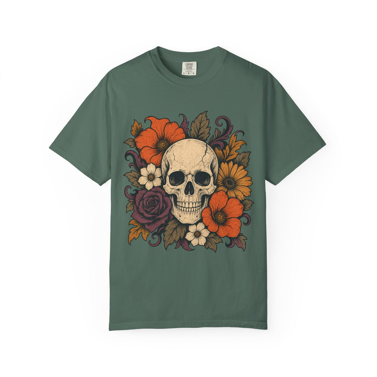 Skull with Autumn Flowers Comfort Colors T-shirt | Floral Skull Tee