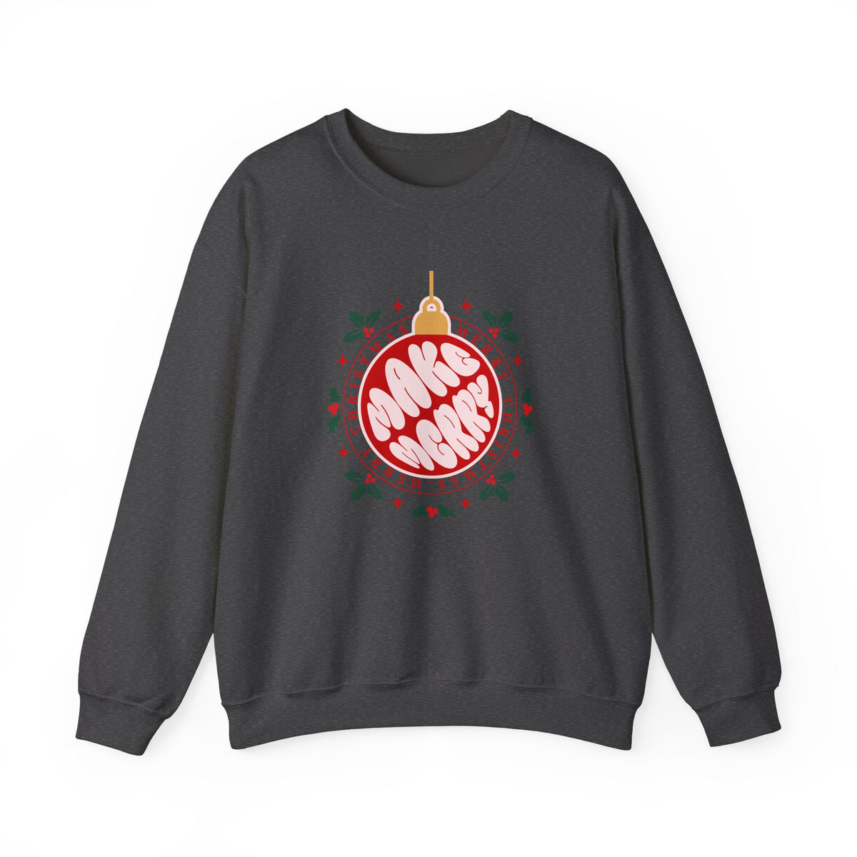 Christmas Sweatshirt Make Merry ornament design | Merry Christmas holly wreath, festive typography