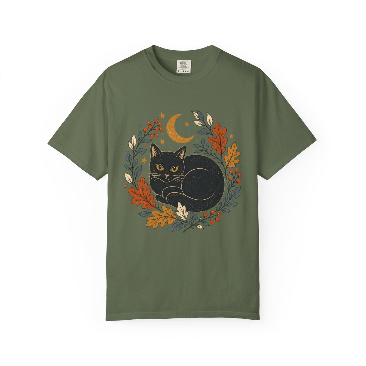 Black Cat Fall Wreath Comfort Colors T-shirt | Crescent Moon, Autumn Leaves