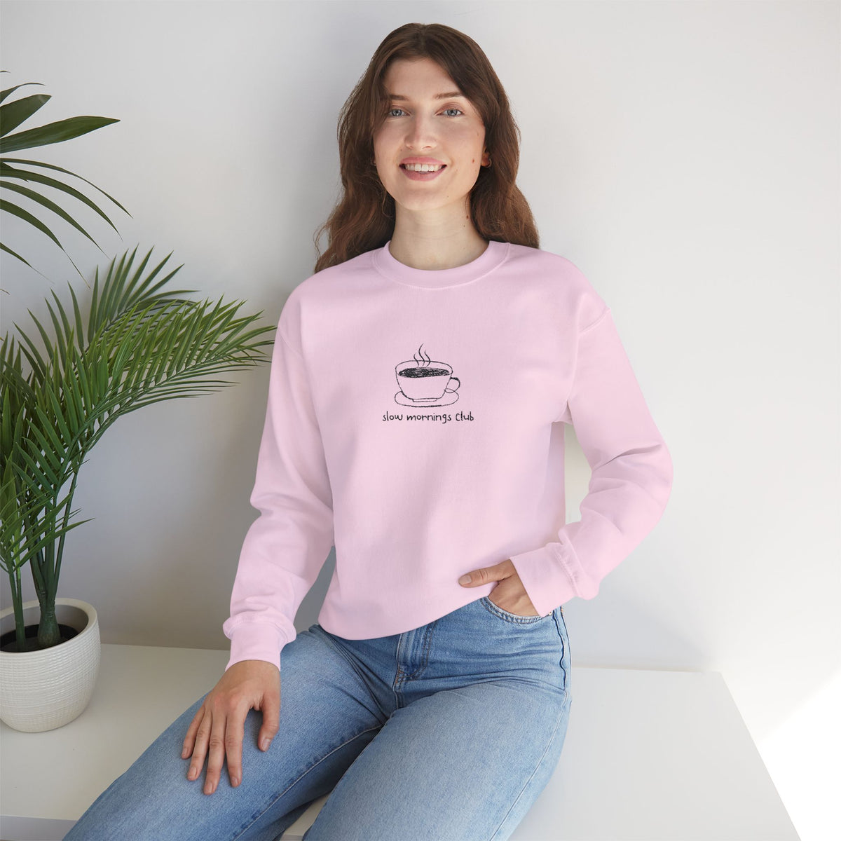 Embroidered Sweatshirt Coffee Mug | Hand-Drawn Coffee Cup Slow Mornings Club Crewneck Minimalist Design