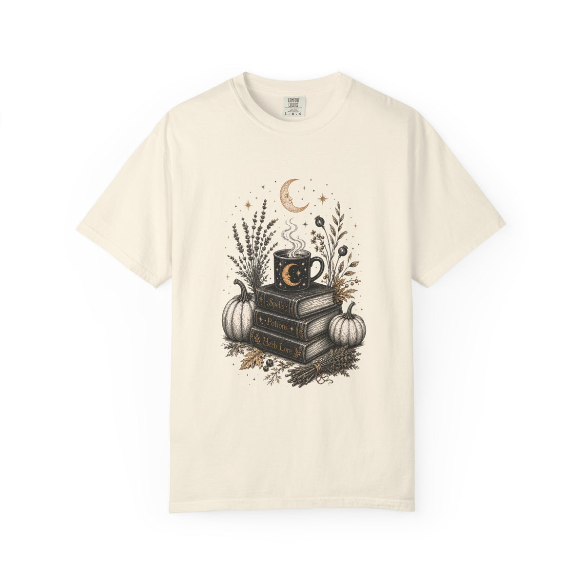 Cozy Fall Book Stack with Moon Coffee Mug T-shirt | Autumn Pumpkin Floral