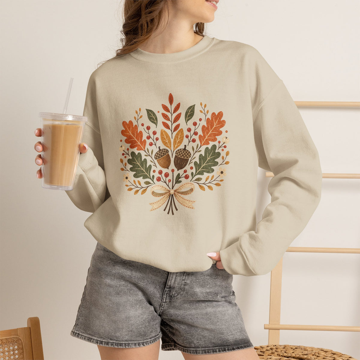 Autumn Foliage Bouquet Sweatshirt | Fall Leaves Acorn Crewneck