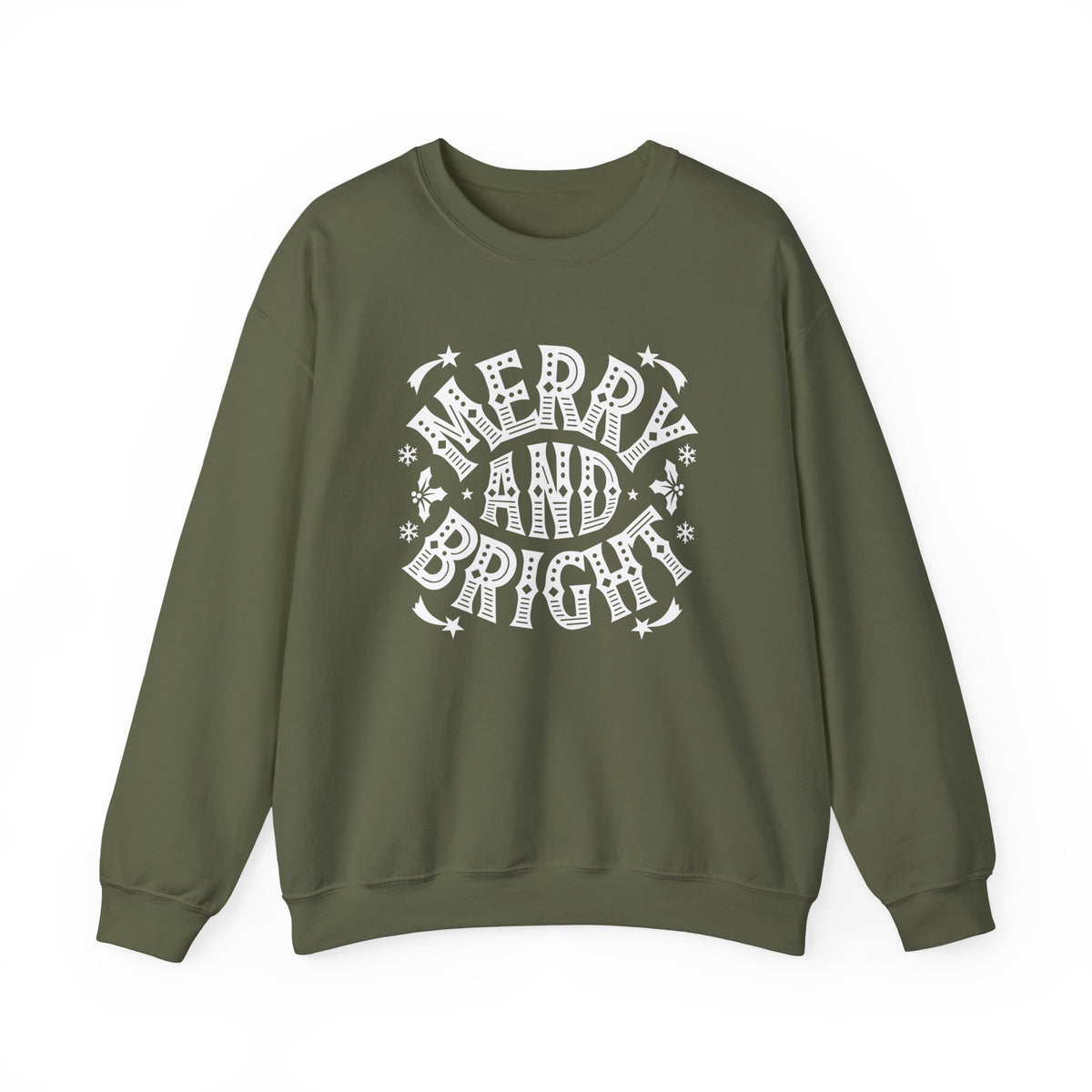 Christmas Sweatshirt Merry and Bright | Vintage Style Typography Holiday Crewneck Snowflakes Stars