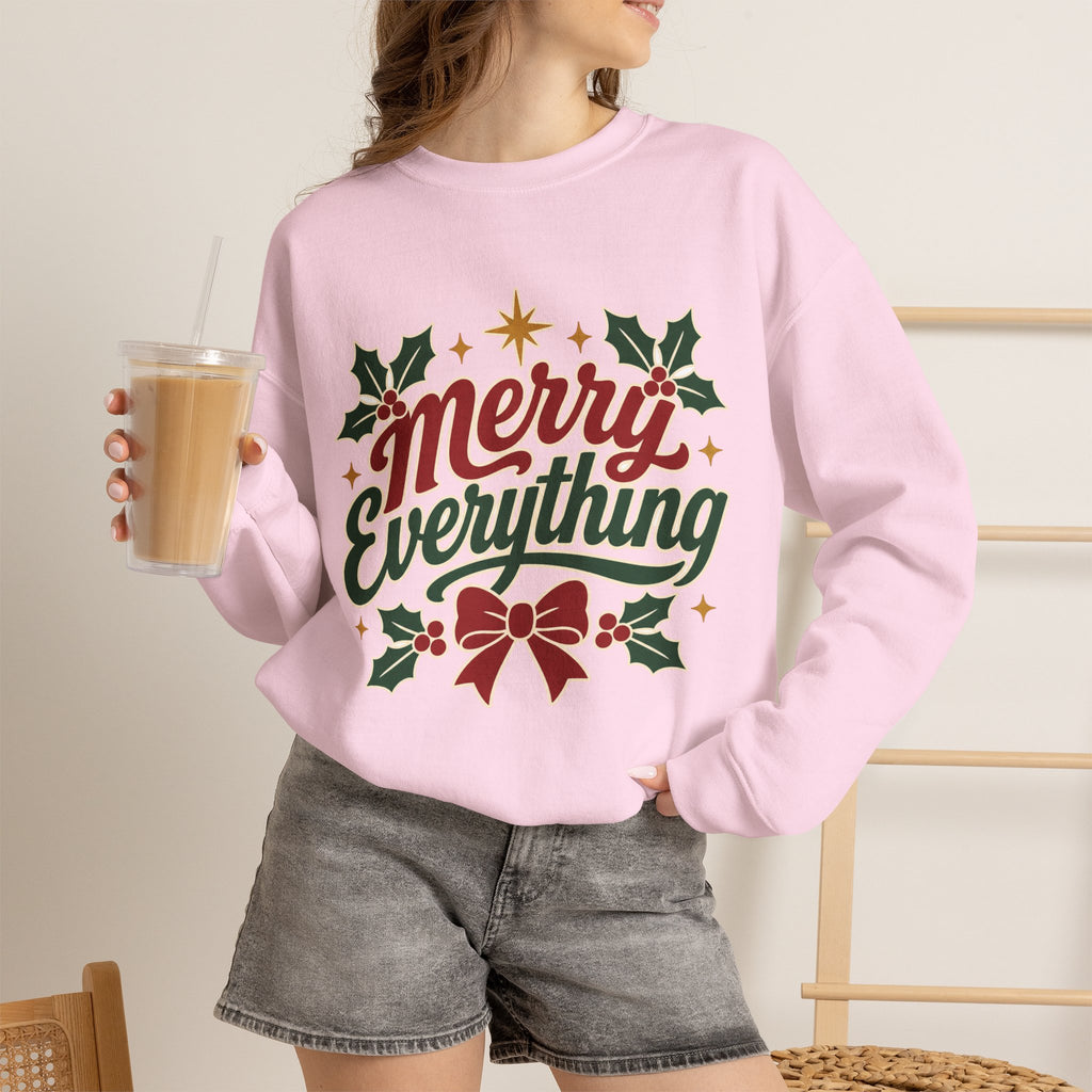 Merry Everything Christmas Sweatshirt | Holiday Script Holly Bow Crewneck
