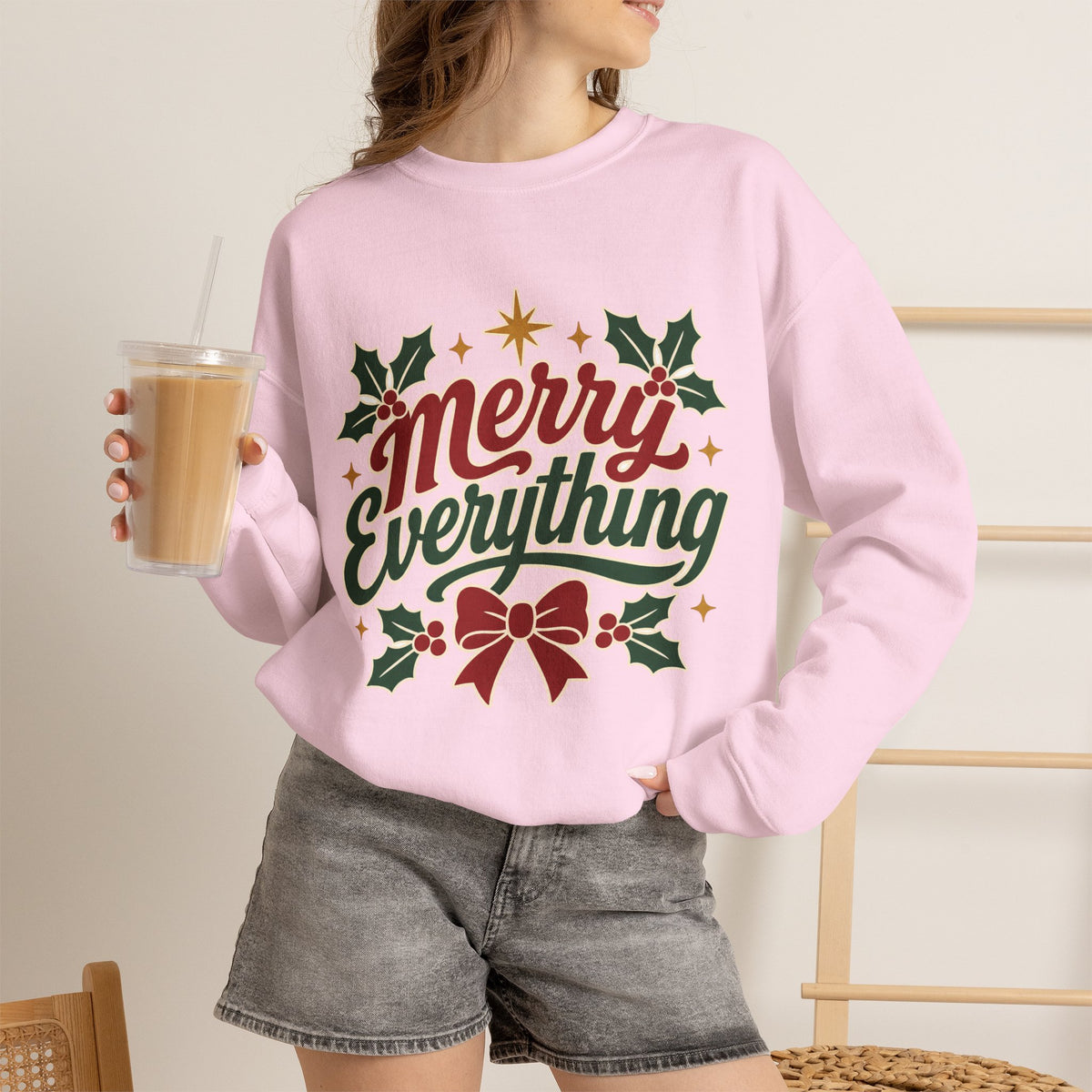 Merry Everything Christmas Sweatshirt | Holiday Script Holly Bow Crewneck